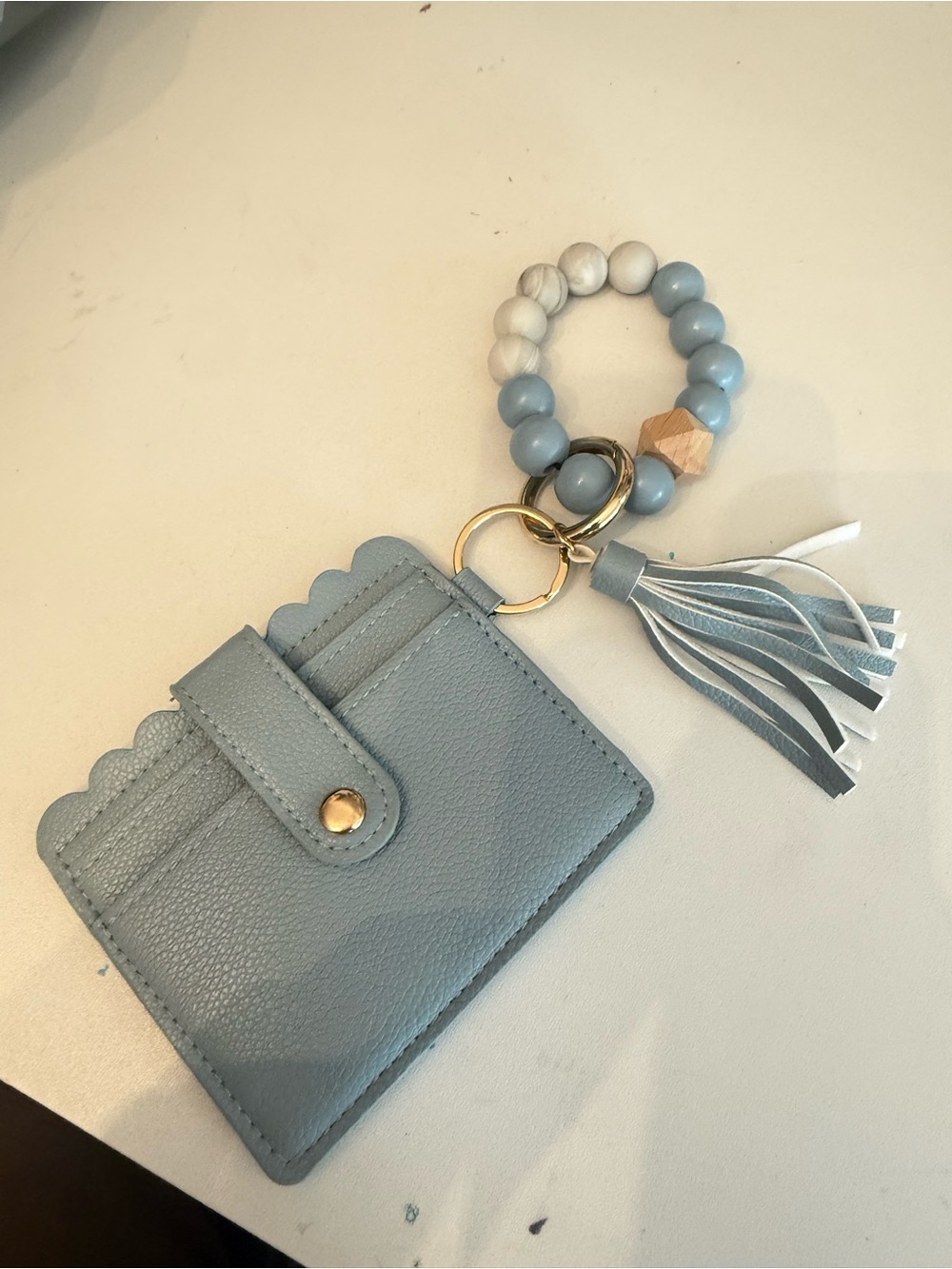 Amazon Light Blue Card Holder Keyring with Beaded Wristlet and Tassel